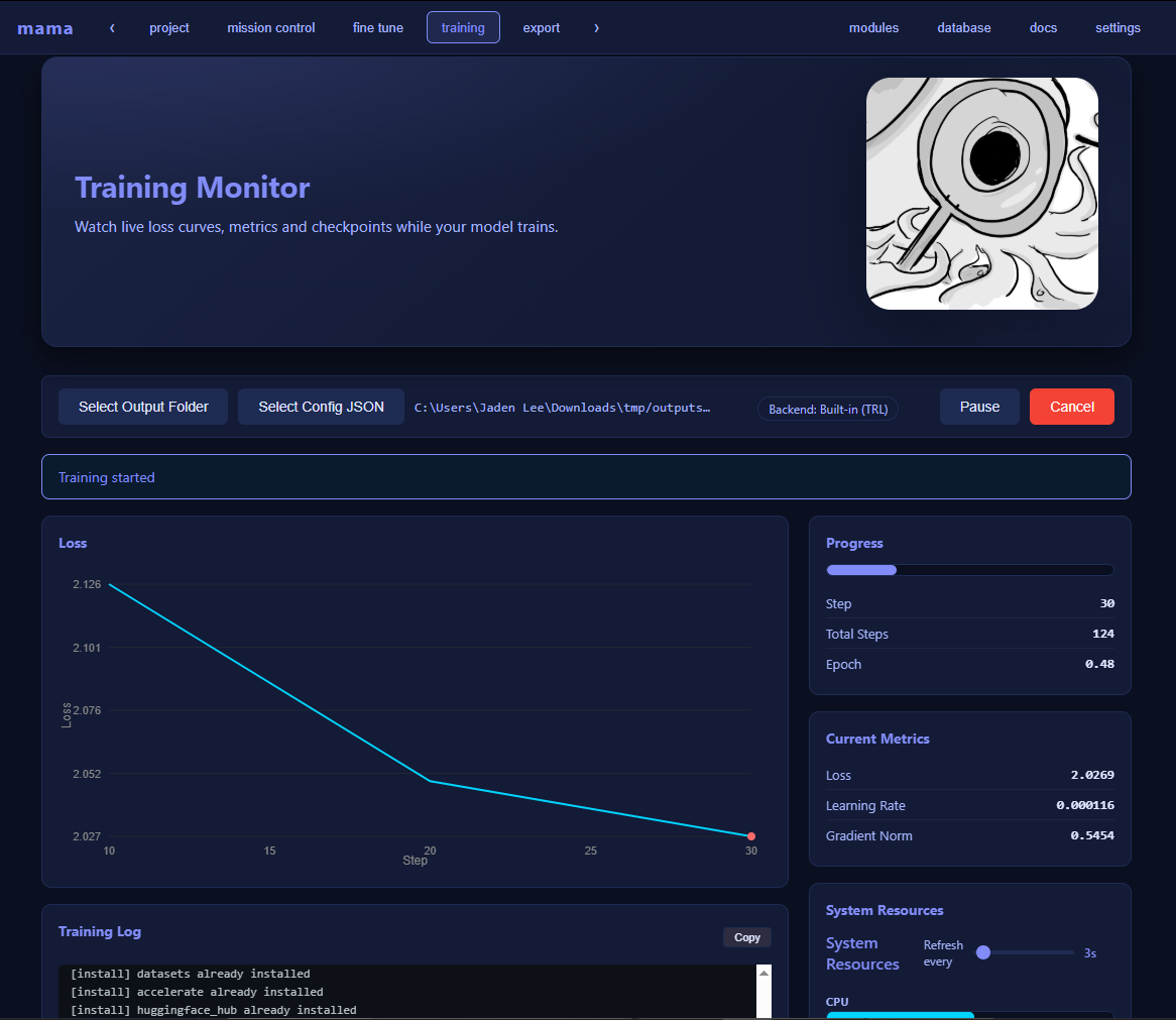 MAMA training screen
